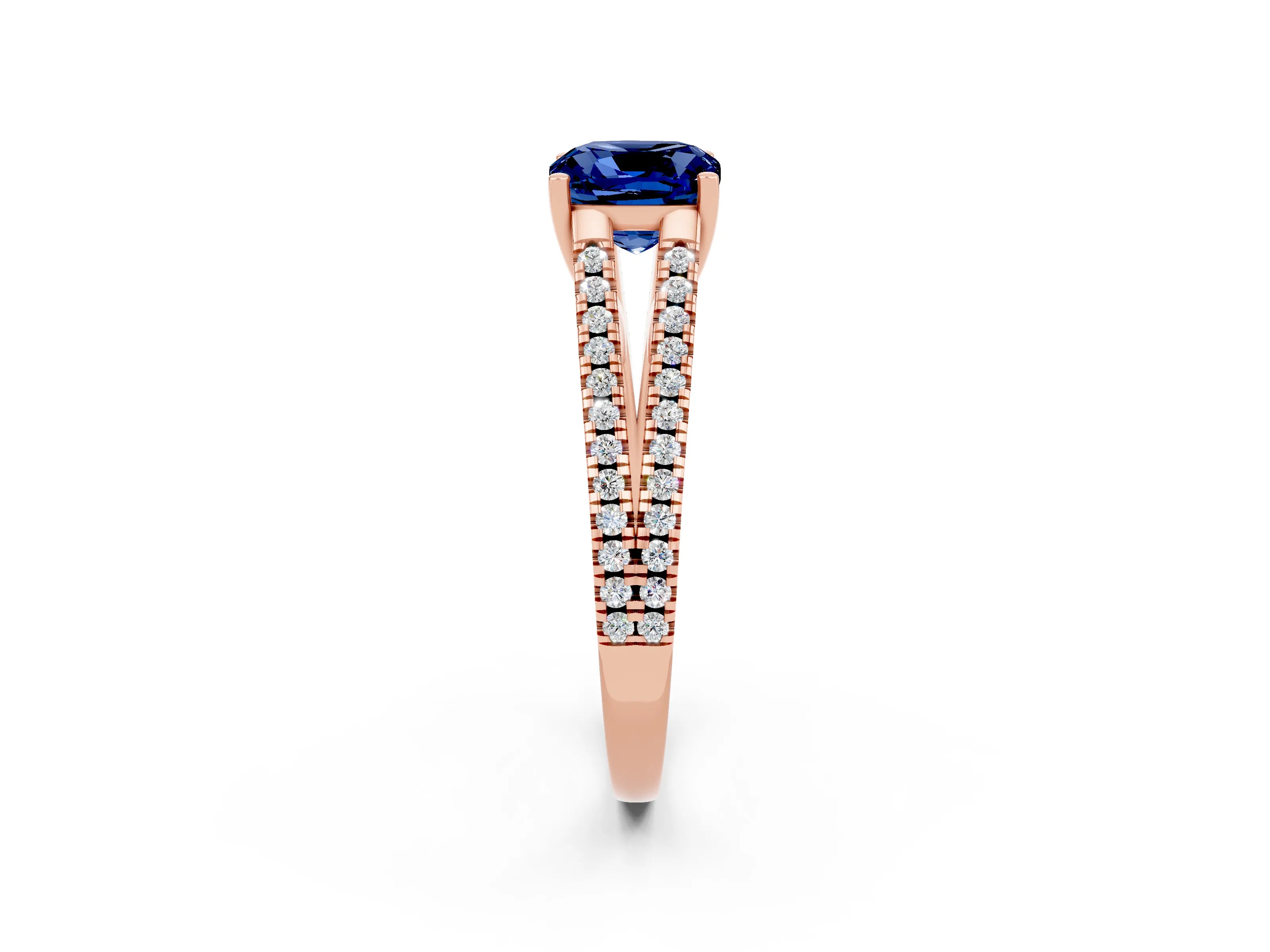 Rose gold Cushion Cut Blue Sapphire Solitaire Engagement Ring with Split Shank Pavé Band_2