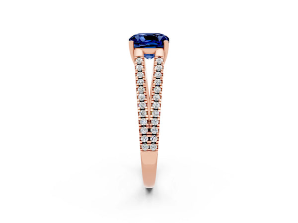 Rose gold Cushion Cut Blue Sapphire Solitaire Engagement Ring with Split Shank Pavé Band