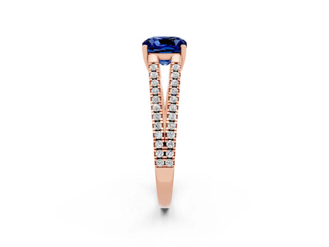 Rose gold Cushion Cut Blue Sapphire Solitaire Engagement Ring with Split Shank Pavé Band_2
