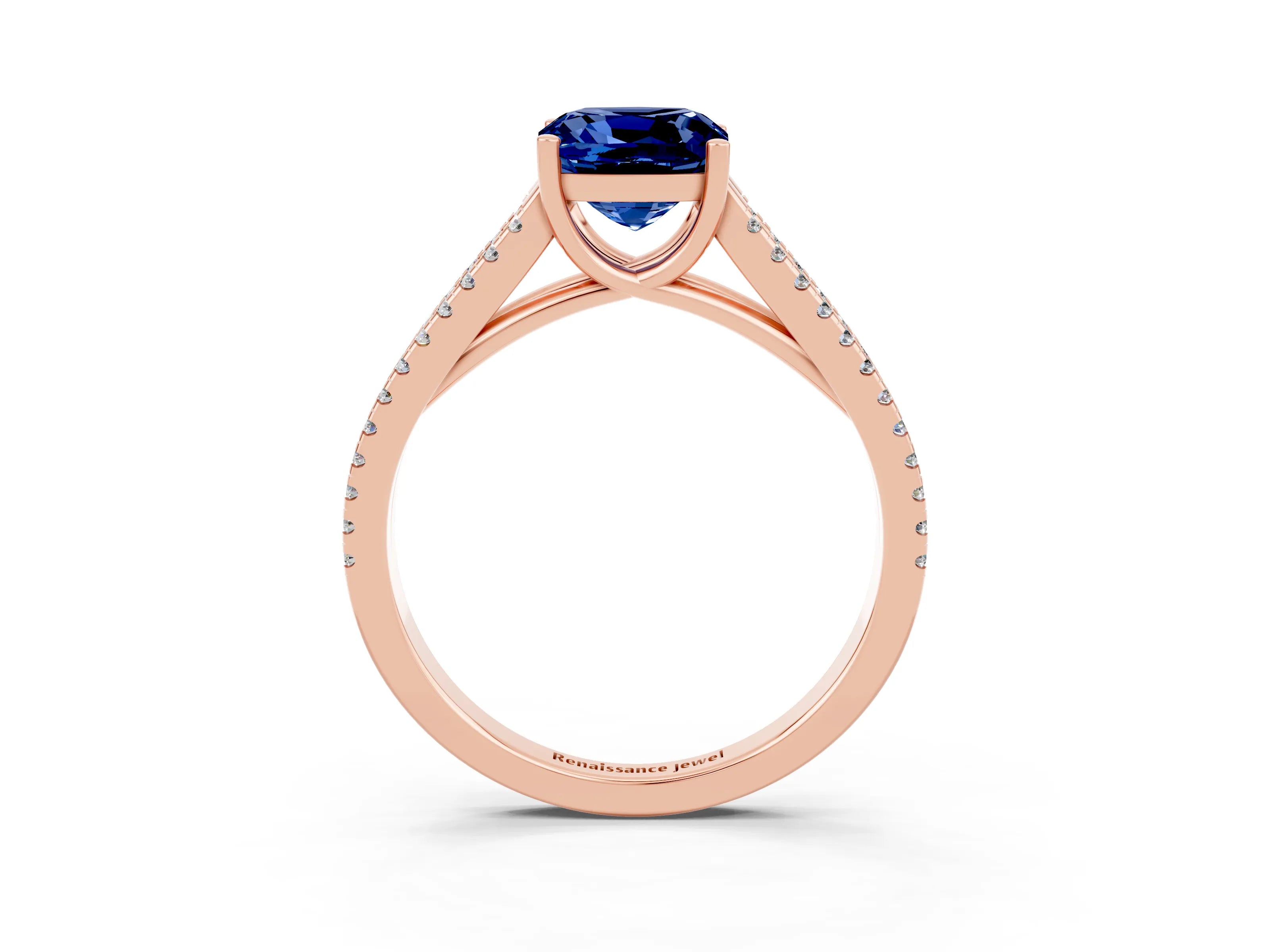 Rose gold Cushion Cut Blue Sapphire Solitaire Engagement Ring with Split Shank Pavé Band_3