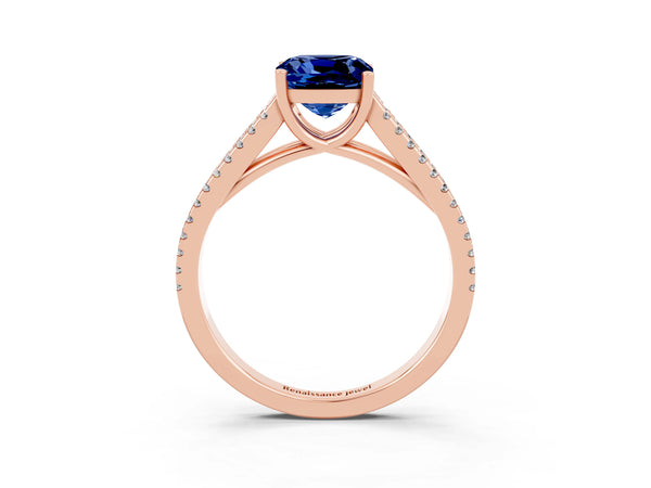 Rose gold Cushion Cut Blue Sapphire Solitaire Engagement Ring with Split Shank Pavé Band