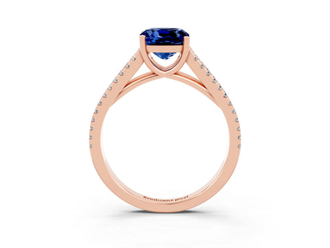 Rose gold Cushion Cut Blue Sapphire Solitaire Engagement Ring with Split Shank Pavé Band_3