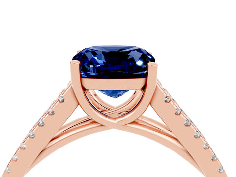 Rose gold Cushion Cut Blue Sapphire Solitaire Engagement Ring with Split Shank Pavé Band_4