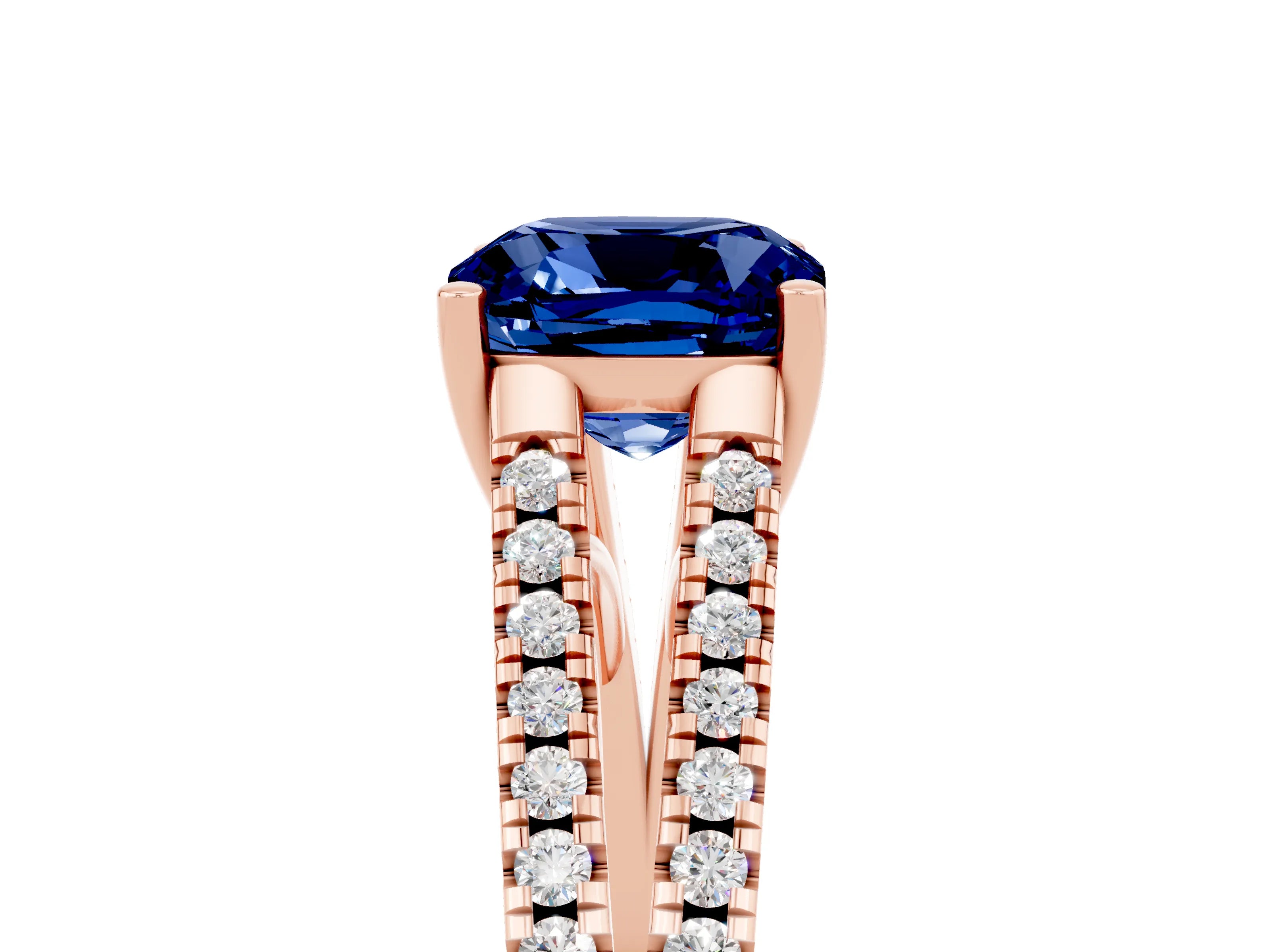 Rose gold Cushion Cut Blue Sapphire Solitaire Engagement Ring with Split Shank Pavé Band_5