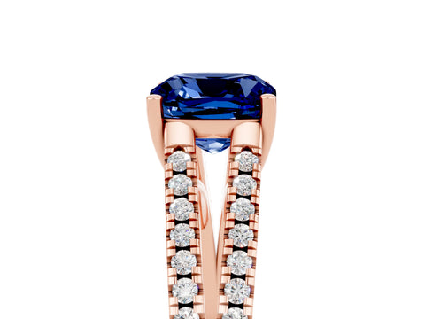Rose gold Cushion Cut Blue Sapphire Solitaire Engagement Ring with Split Shank Pavé Band_5