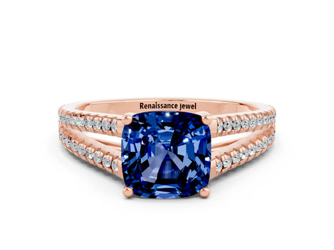 Rose gold Cushion Cut Blue Sapphire Solitaire Engagement Ring with Split Shank Pavé Band