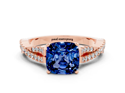 Rose gold Cushion Cut Blue Sapphire Solitaire Engagement Ring with Twisted Pavé Band and Four-Prong Setting_12