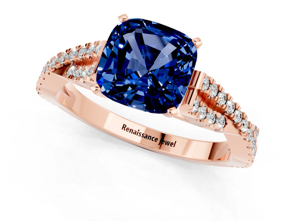 Rose gold Cushion Cut Blue Sapphire Solitaire Engagement Ring with Twisted Pavé Band and Four-Prong Setting