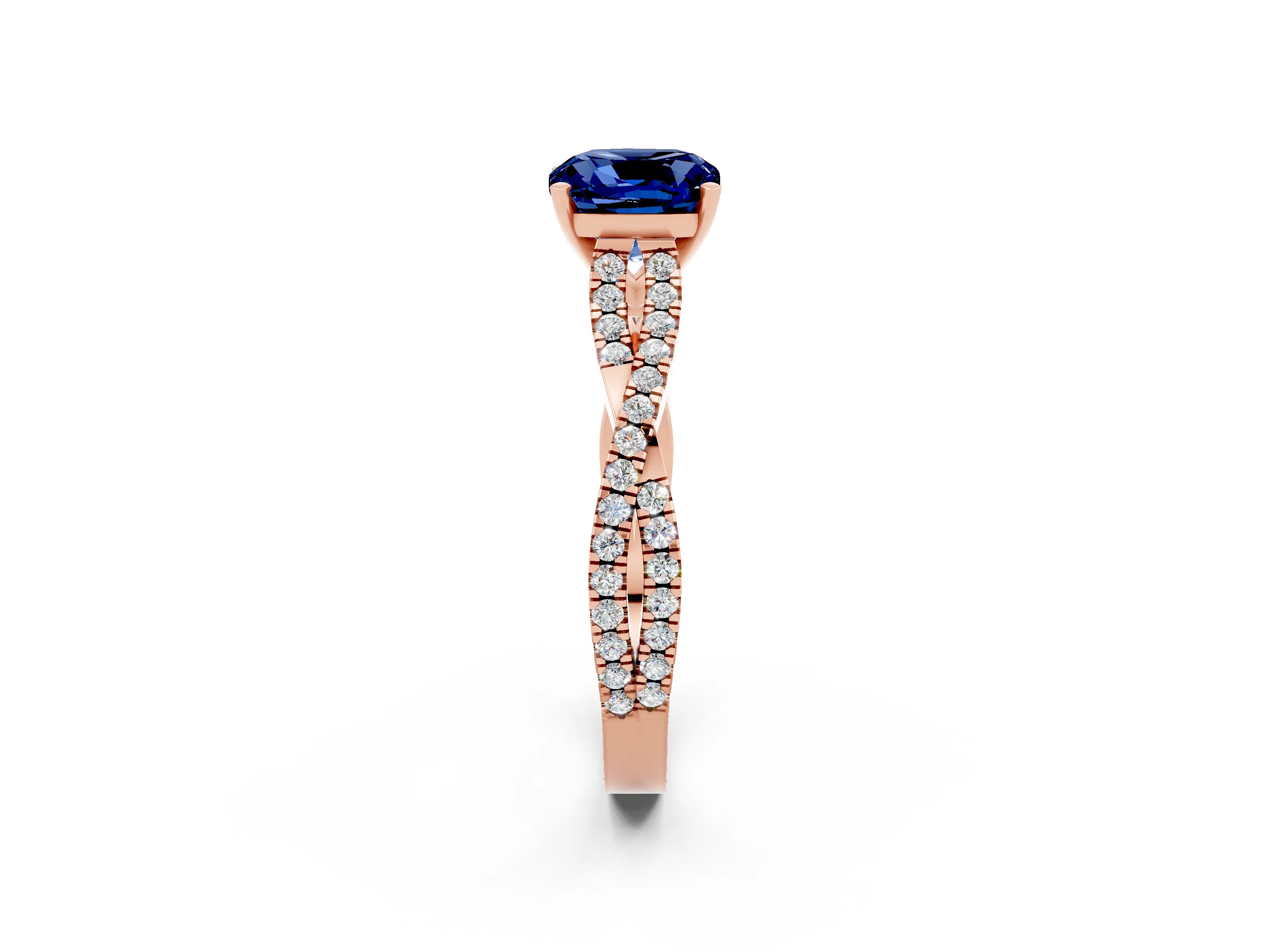 Rose gold Cushion Cut Blue Sapphire Solitaire Engagement Ring with Twisted Pavé Band and Four-Prong Setting_14