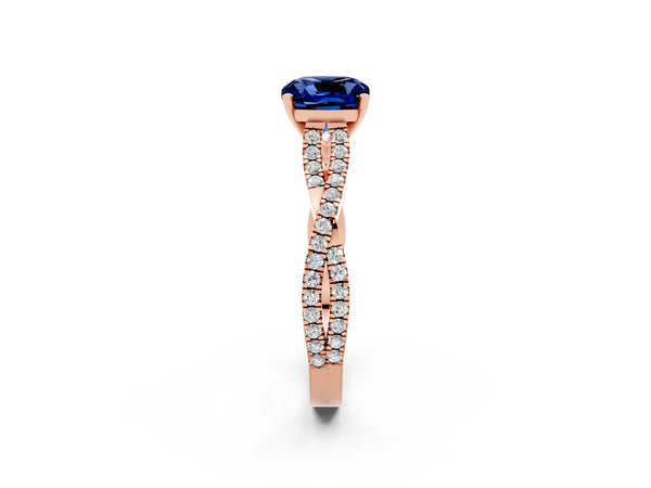 Rose gold Cushion Cut Blue Sapphire Solitaire Engagement Ring with Twisted Pavé Band and Four-Prong Setting