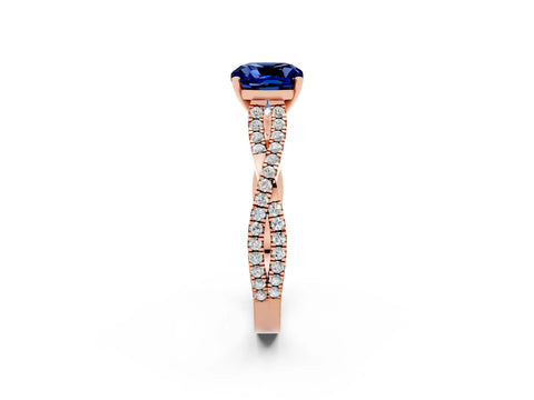 Rose gold Cushion Cut Blue Sapphire Solitaire Engagement Ring with Twisted Pavé Band and Four-Prong Setting_14