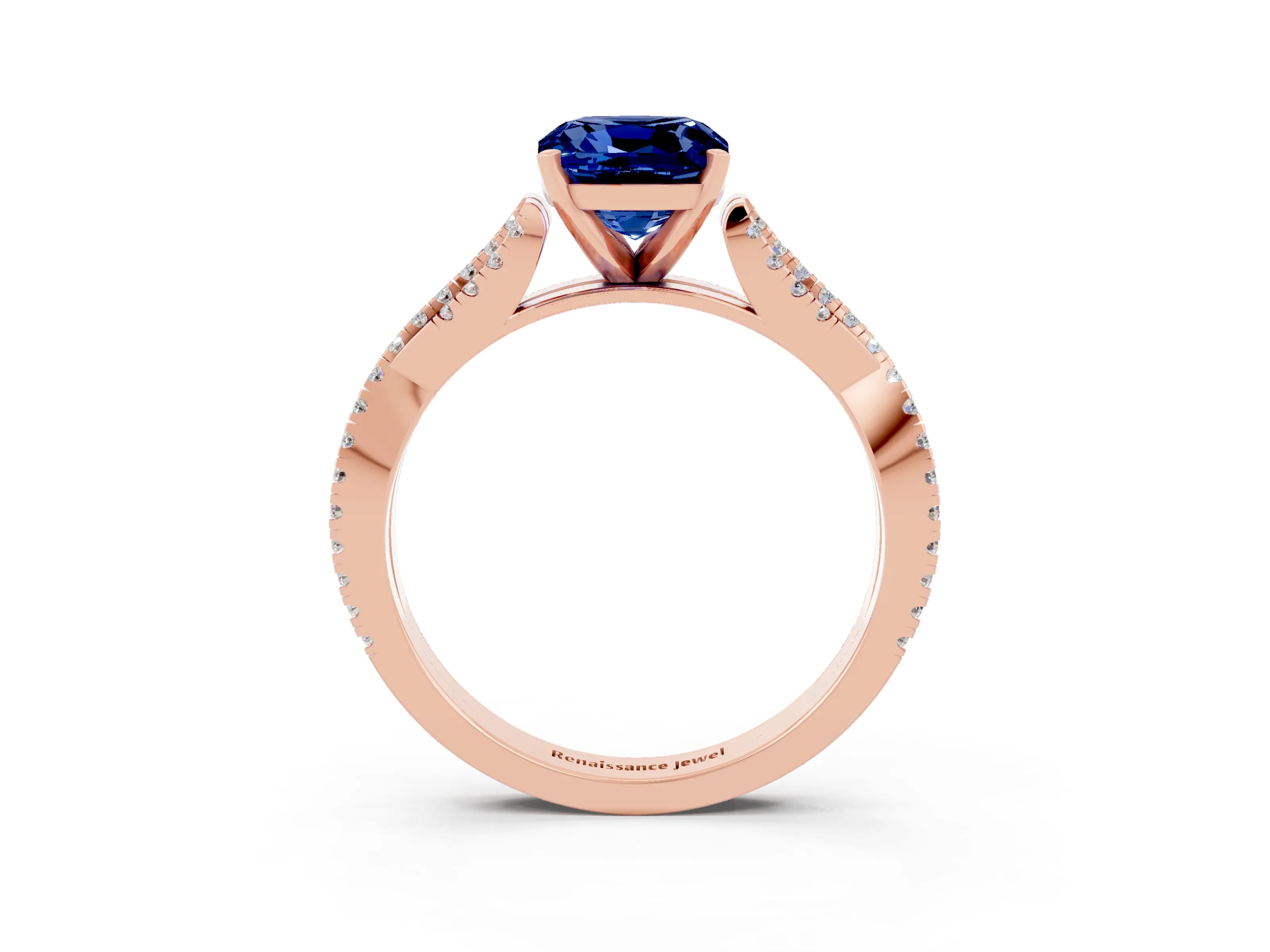 Rose gold Cushion Cut Blue Sapphire Solitaire Engagement Ring with Twisted Pavé Band and Four-Prong Setting_15