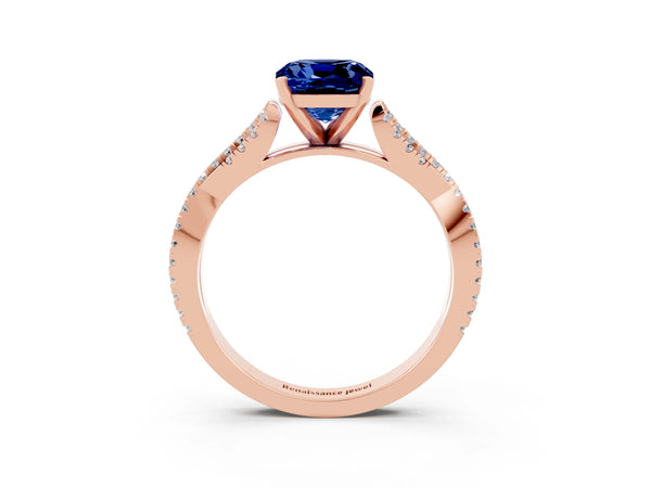 Rose gold Cushion Cut Blue Sapphire Solitaire Engagement Ring with Twisted Pavé Band and Four-Prong Setting