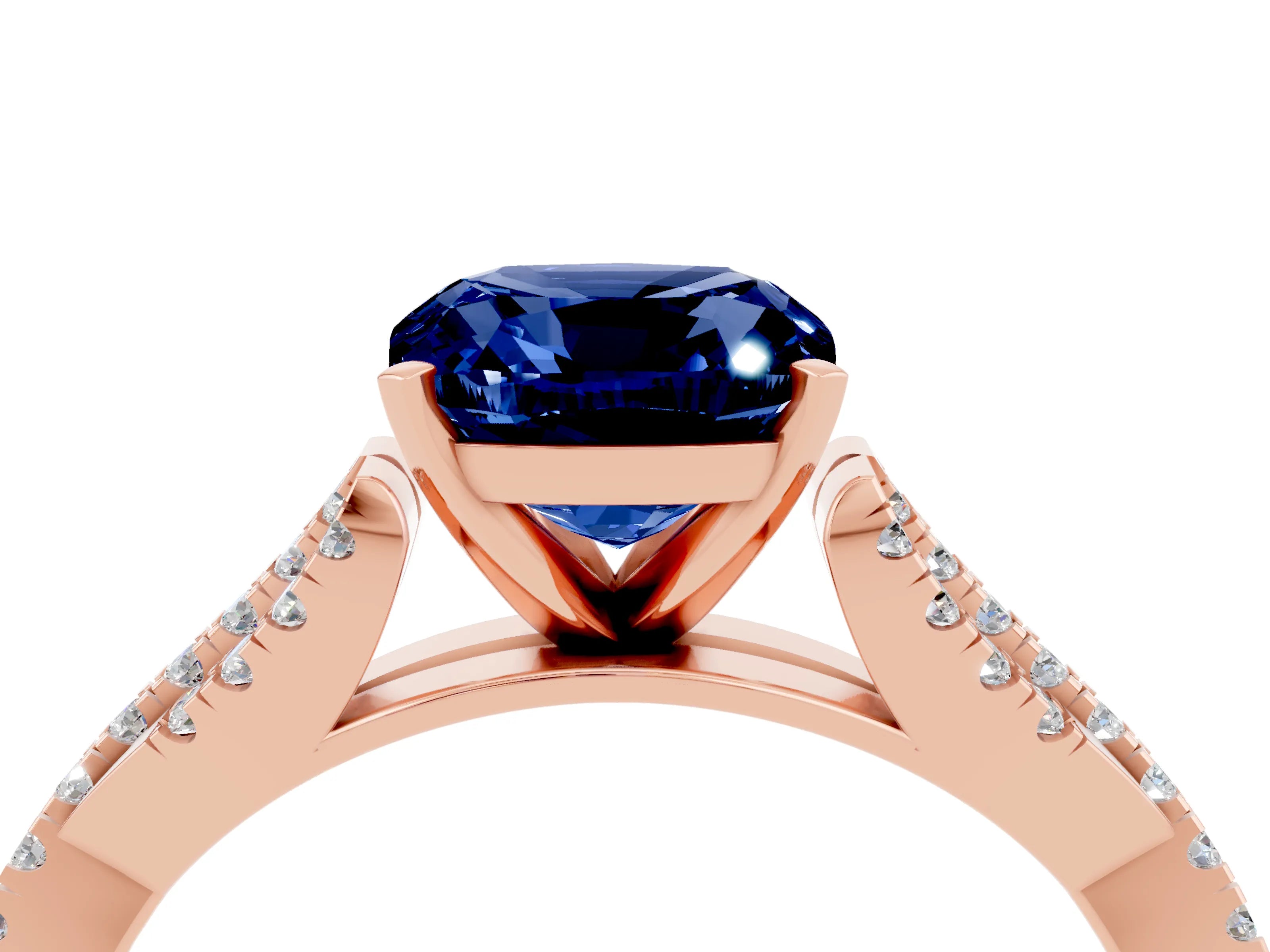 Rose gold Cushion Cut Blue Sapphire Solitaire Engagement Ring with Twisted Pavé Band and Four-Prong Setting_16