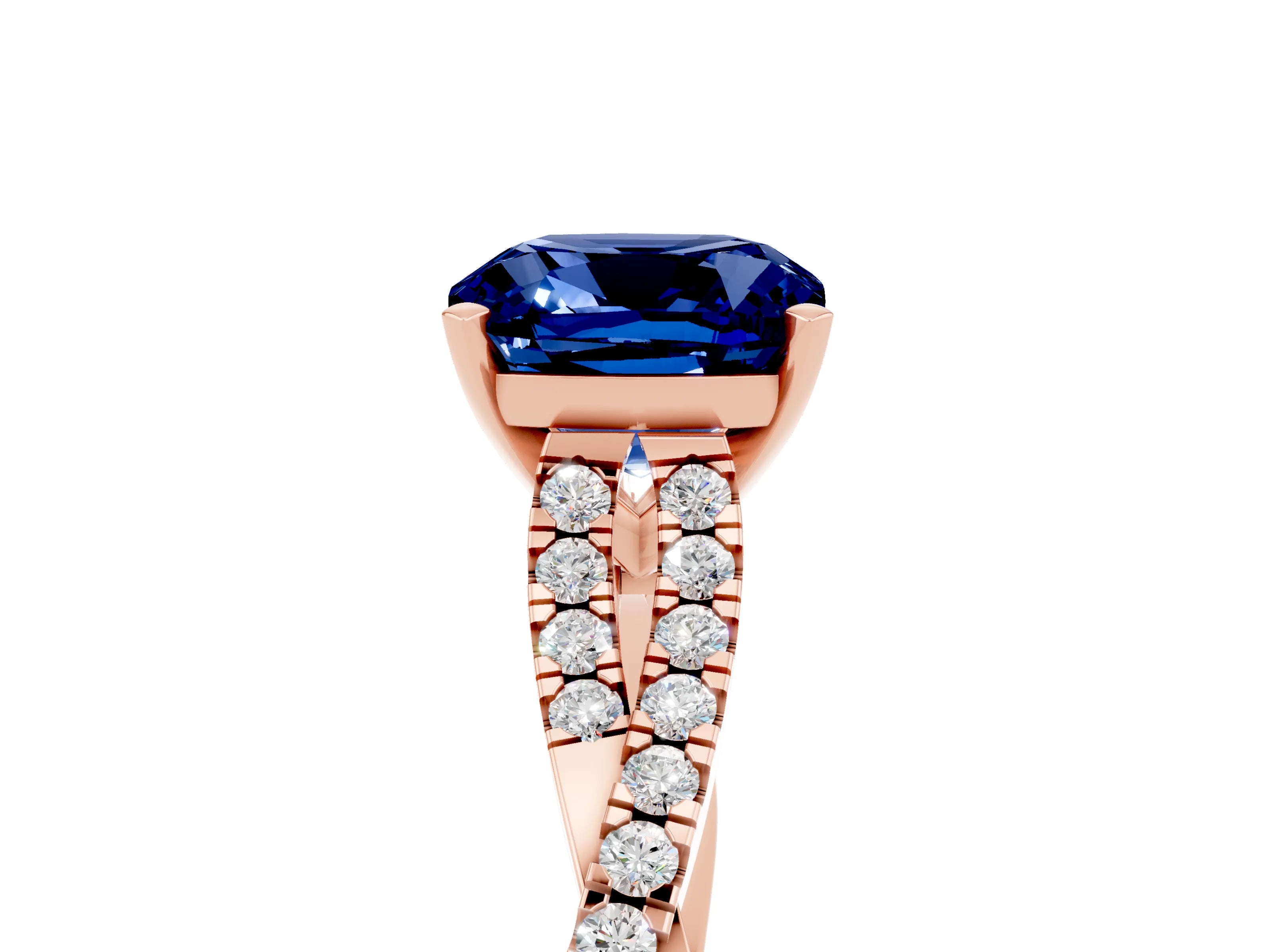 Rose gold Cushion Cut Blue Sapphire Solitaire Engagement Ring with Twisted Pavé Band and Four-Prong Setting_17