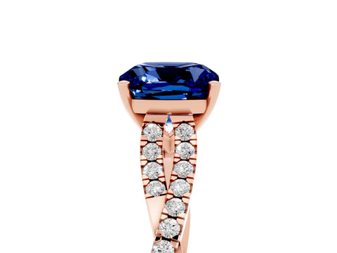 Rose gold Cushion Cut Blue Sapphire Solitaire Engagement Ring with Twisted Pavé Band and Four-Prong Setting_17
