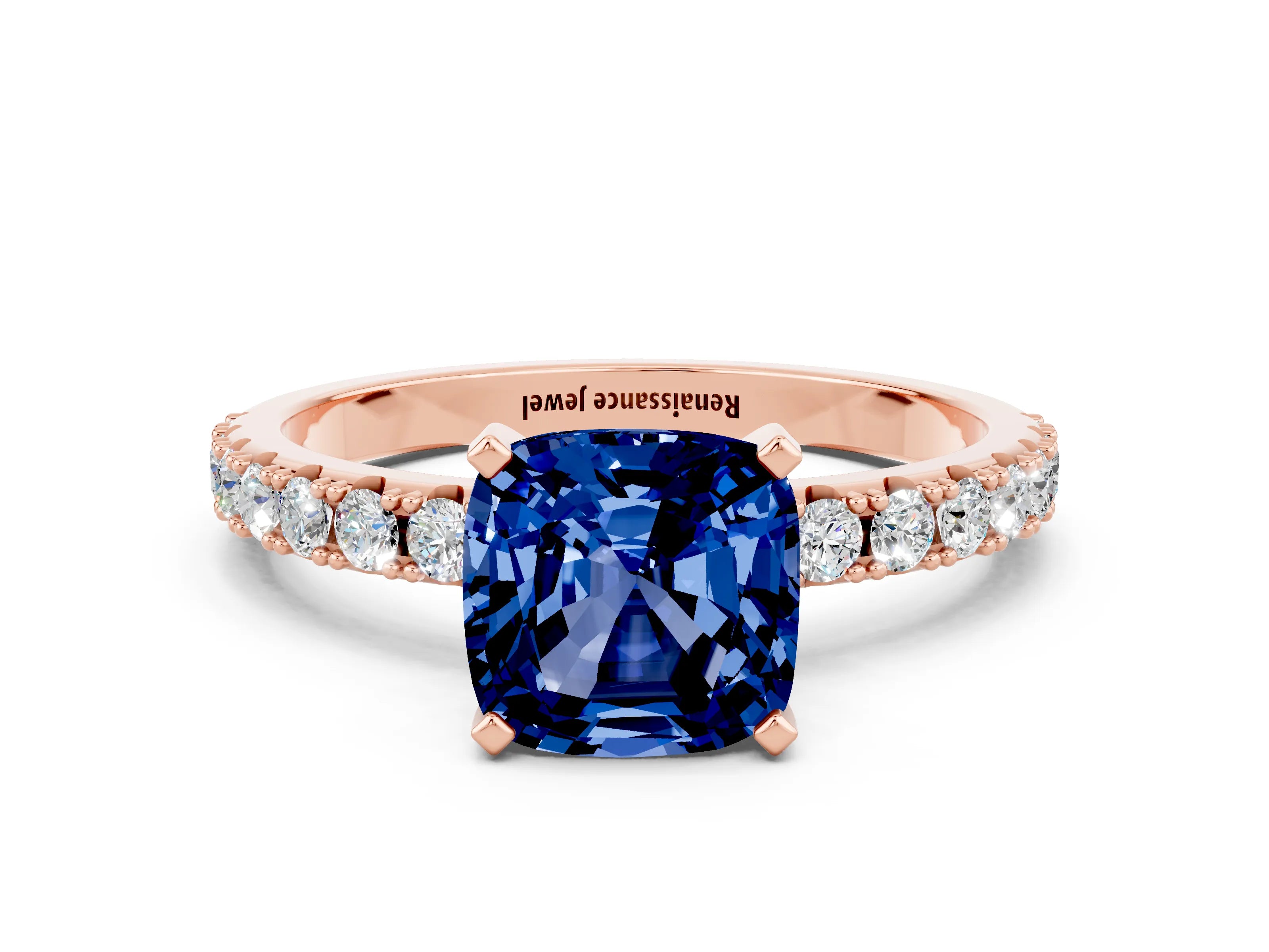 Rose gold Cushion Cut Blue Sapphire Solitaire Pavé Band with Four-Prong Setting