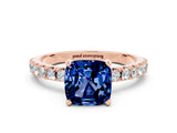 Rose gold Cushion Cut Blue Sapphire Solitaire Pavé Band with Four-Prong Setting