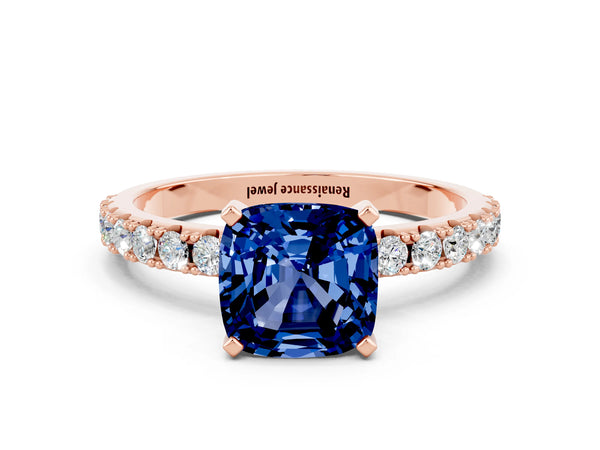 Rose gold Cushion Cut Blue Sapphire Solitaire Pavé Band with Four-Prong Setting
