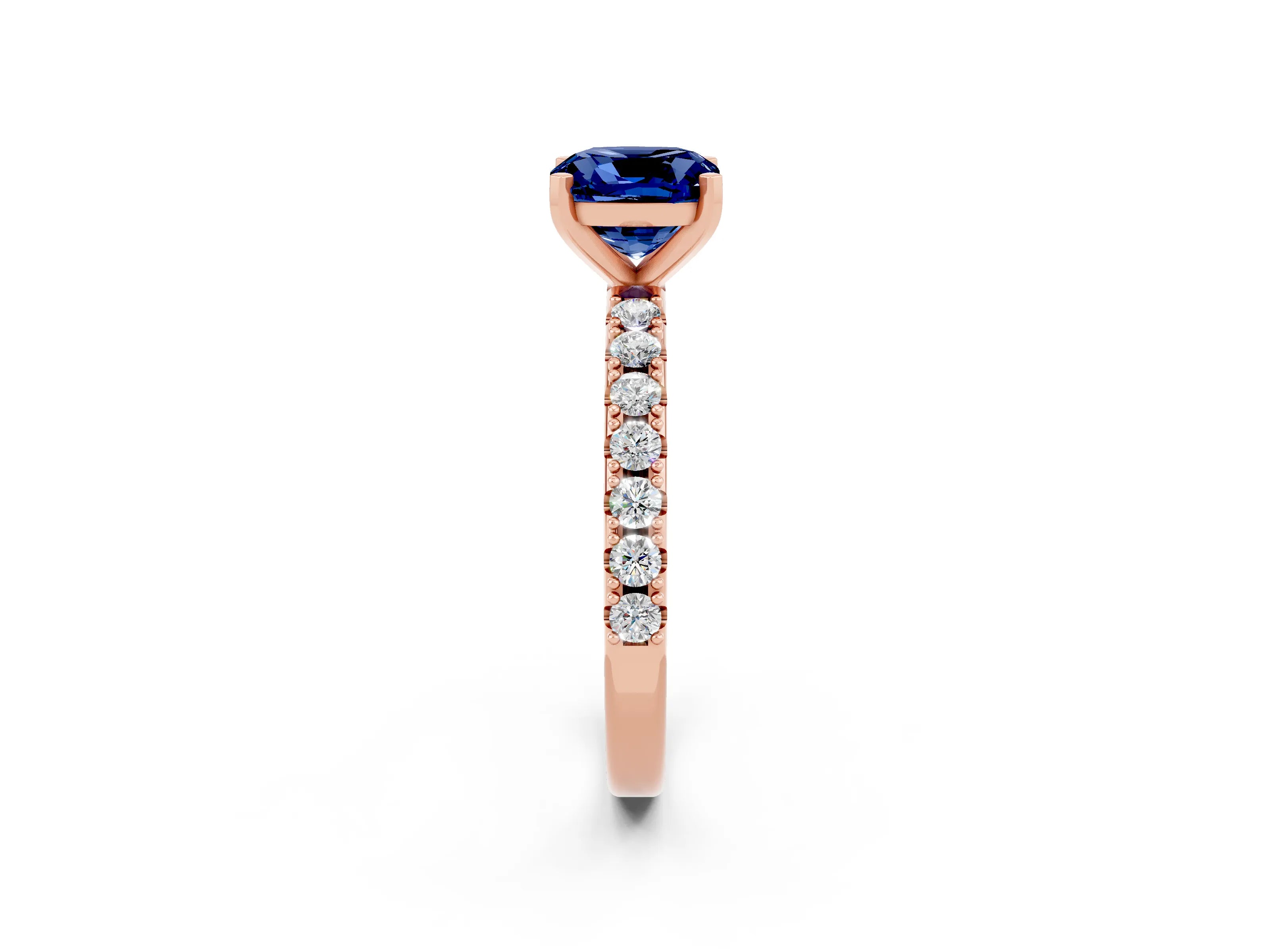 Rose gold Cushion Cut Blue Sapphire Solitaire Pavé Band with Four-Prong Setting_2