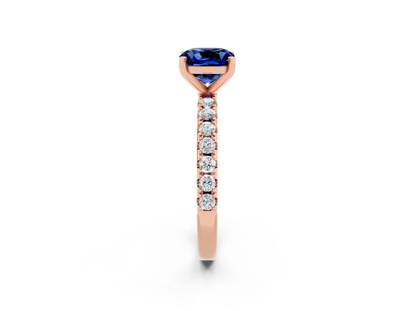 Rose gold Cushion Cut Blue Sapphire Solitaire Pavé Band with Four-Prong Setting