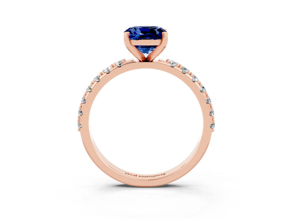 Rose gold Cushion Cut Blue Sapphire Solitaire Pavé Band with Four-Prong Setting
