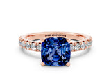 Rose gold Cushion Cut Blue Sapphire Solitaire Pavé Engagement Ring with Round Band and Prong Setting_12