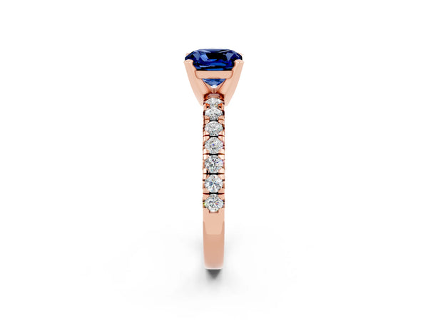 Rose gold Cushion Cut Blue Sapphire Solitaire Pavé Engagement Ring with Round Band and Prong Setting