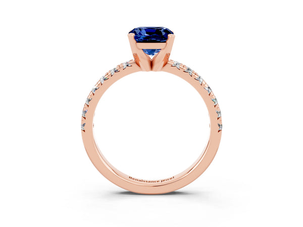 Rose gold Cushion Cut Blue Sapphire Solitaire Pavé Engagement Ring with Round Band and Prong Setting