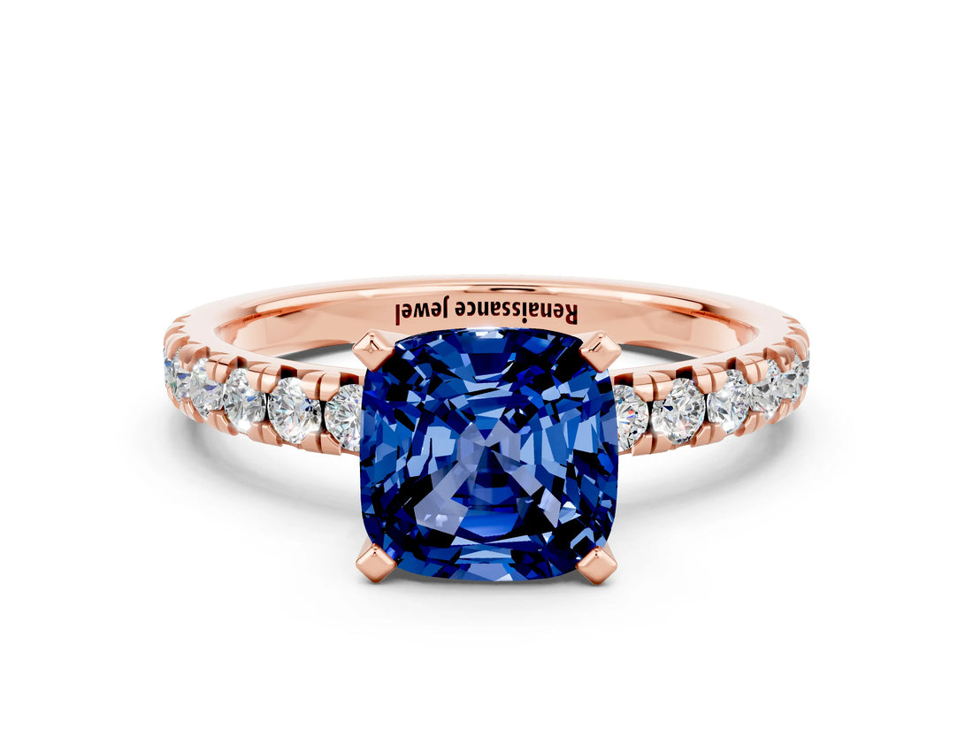 Rose gold Cushion Cut Blue Sapphire Solitaire Pavé Engagement Ring with Round Band and Prong Setting_78