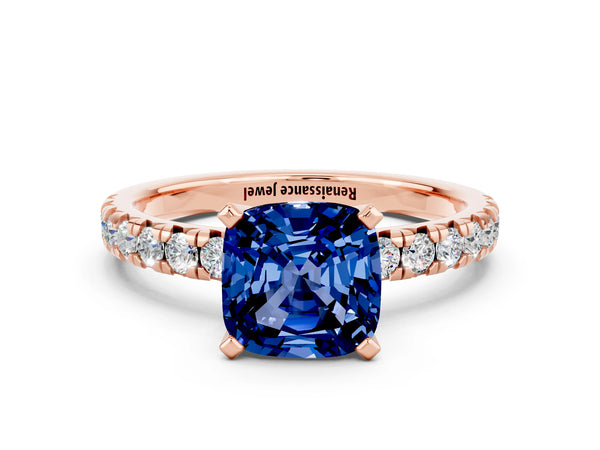 Rose gold Cushion Cut Blue Sapphire Solitaire Pavé Engagement Ring with Round Band and Prong Setting