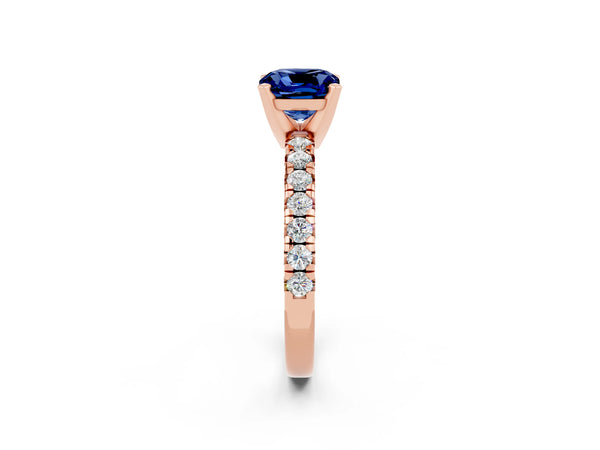 Rose gold Cushion Cut Blue Sapphire Solitaire Pavé Engagement Ring with Round Band and Prong Setting