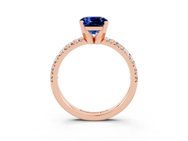 Rose gold Cushion Cut Blue Sapphire Solitaire Pavé Engagement Ring with Round Band and Prong Setting