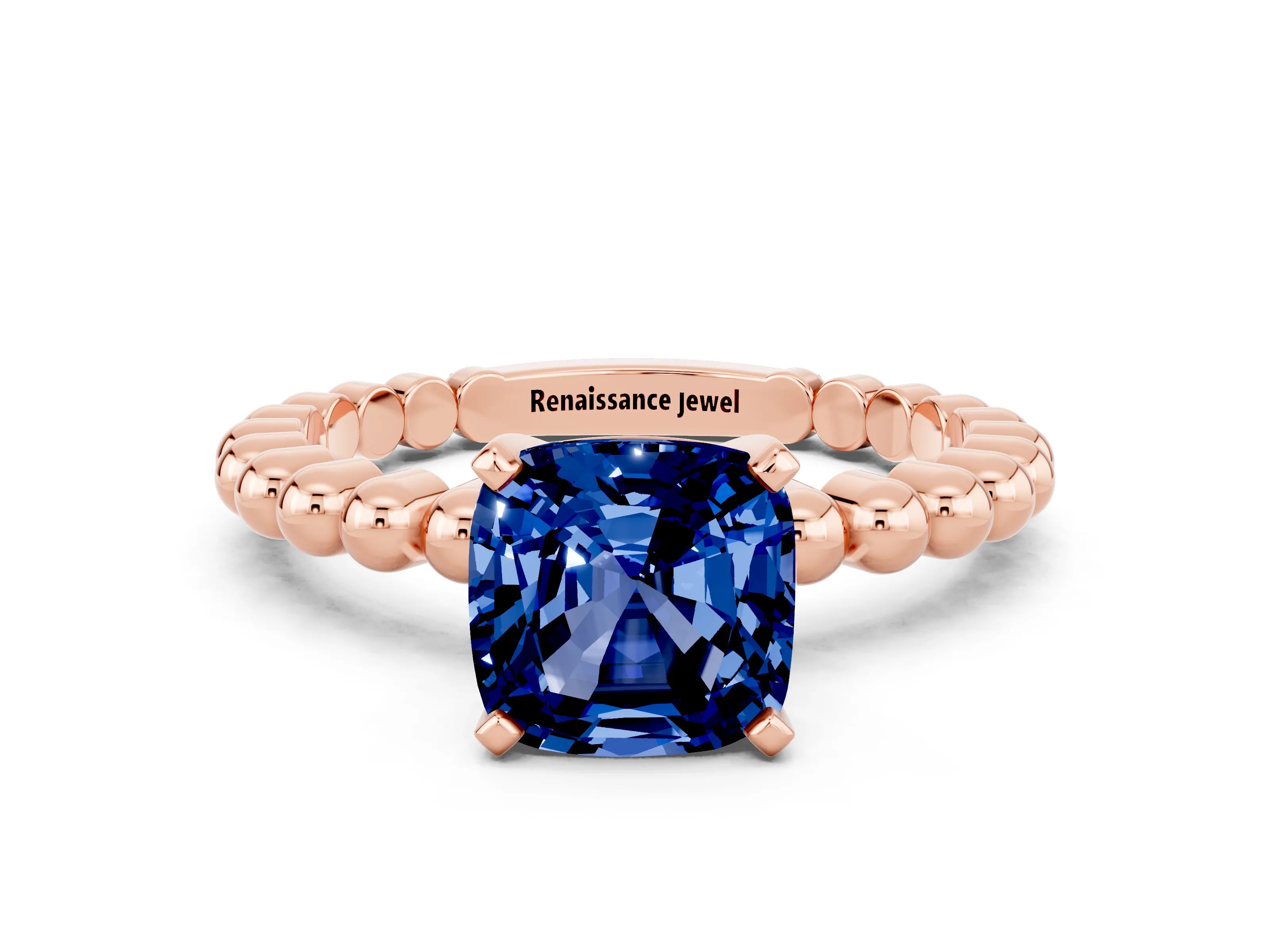 Rose gold Cushion Cut Blue Sapphire Solitaire Ring with Beaded Band and Prong Setting
