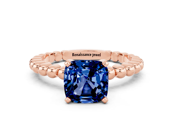 Rose gold Cushion Cut Blue Sapphire Solitaire Ring with Beaded Band and Prong Setting