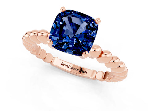 Rose gold Cushion Cut Blue Sapphire Solitaire Ring with Beaded Band and Prong Setting_1