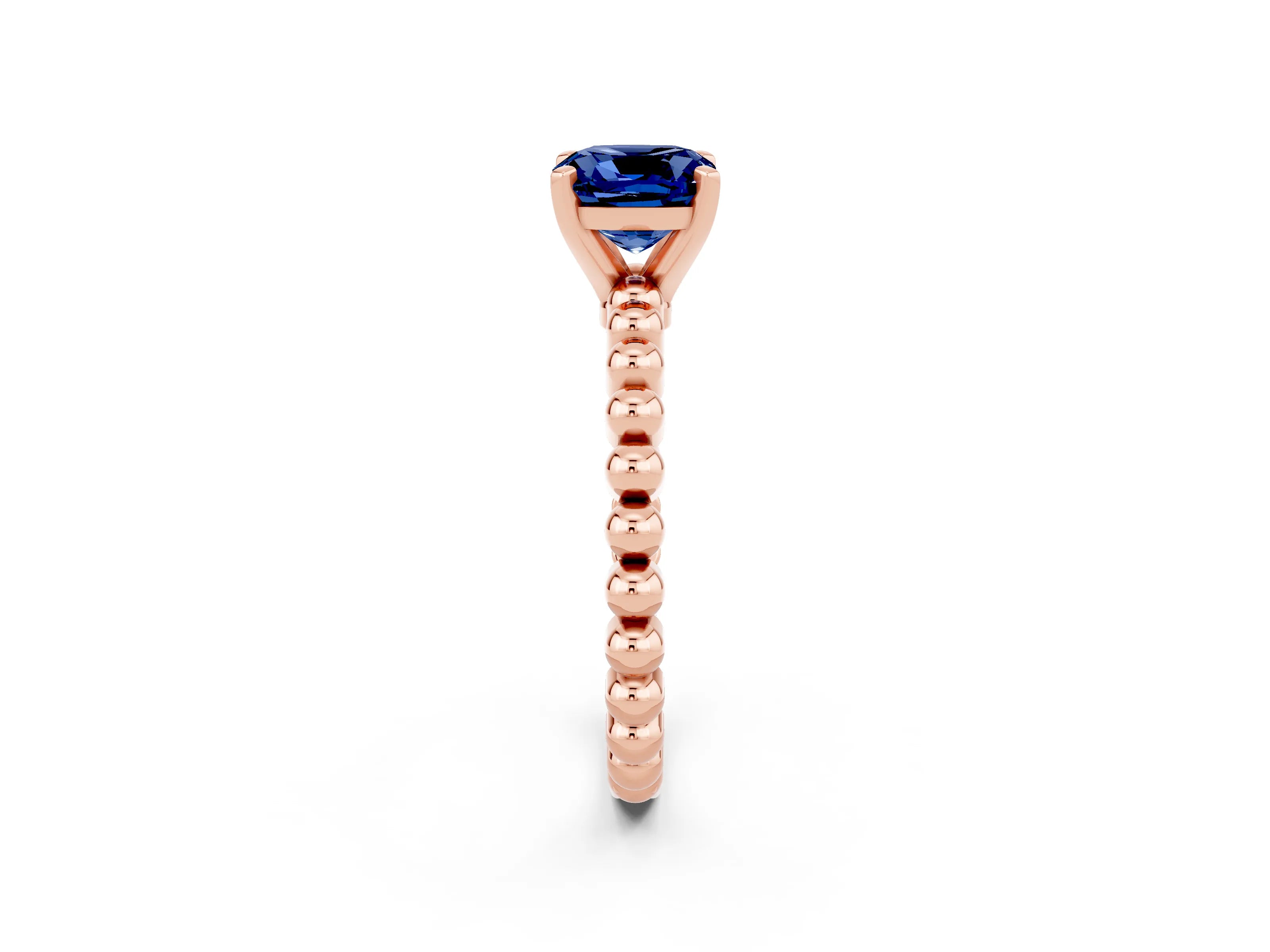 Rose gold Cushion Cut Blue Sapphire Solitaire Ring with Beaded Band and Prong Setting_2