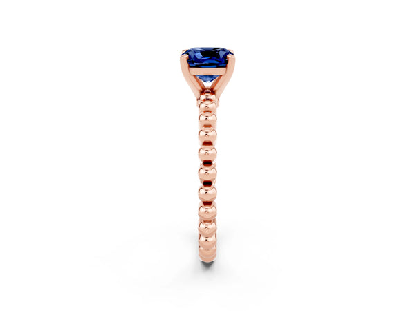 Rose gold Cushion Cut Blue Sapphire Solitaire Ring with Beaded Band and Prong Setting
