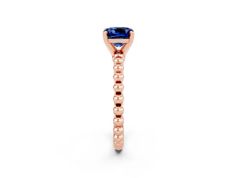 Rose gold Cushion Cut Blue Sapphire Solitaire Ring with Beaded Band and Prong Setting_2