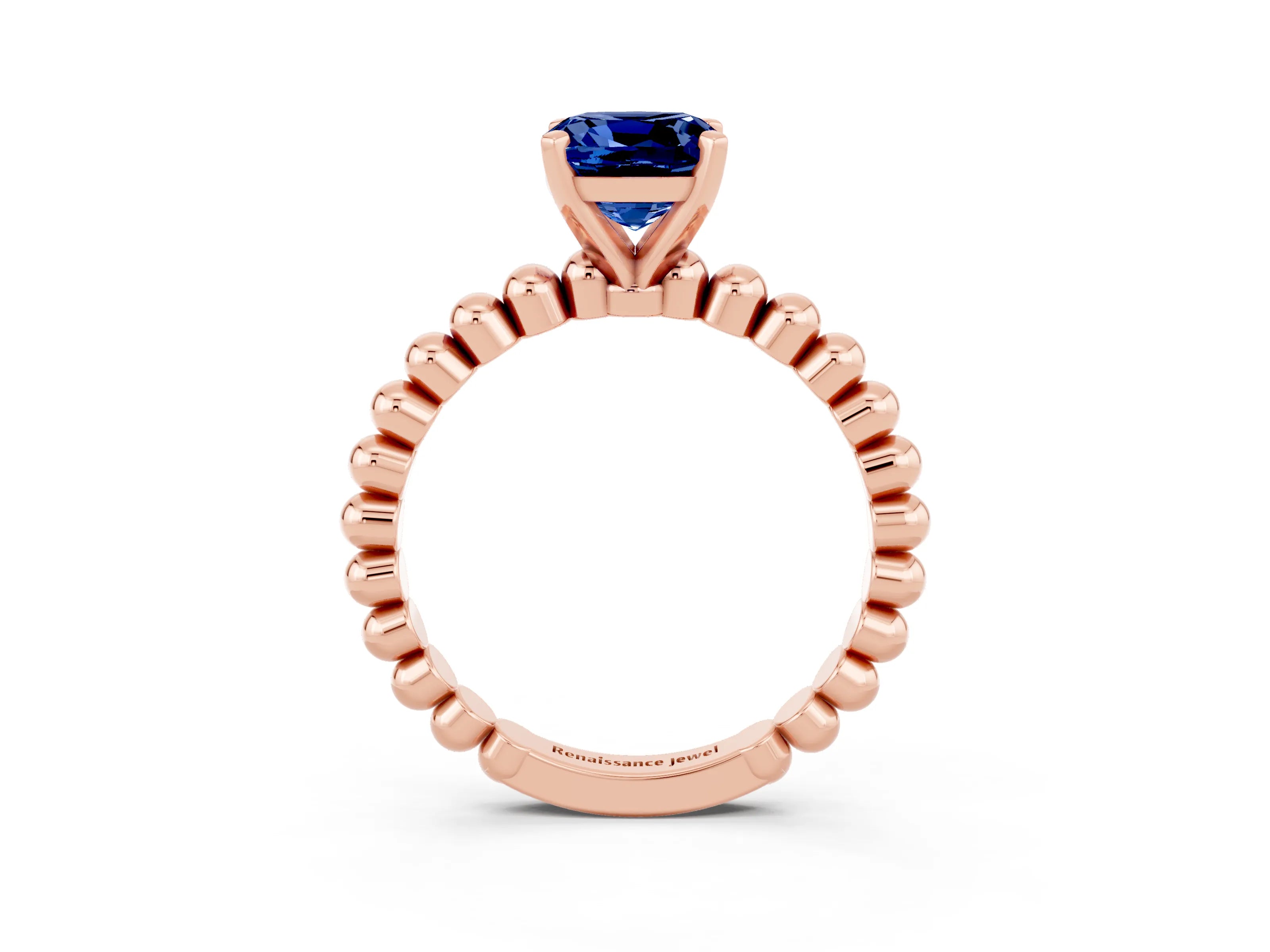 Rose gold Cushion Cut Blue Sapphire Solitaire Ring with Beaded Band and Prong Setting_3