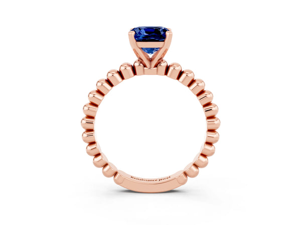 Rose gold Cushion Cut Blue Sapphire Solitaire Ring with Beaded Band and Prong Setting