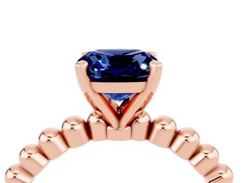 Rose gold Cushion Cut Blue Sapphire Solitaire Ring with Beaded Band and Prong Setting_4