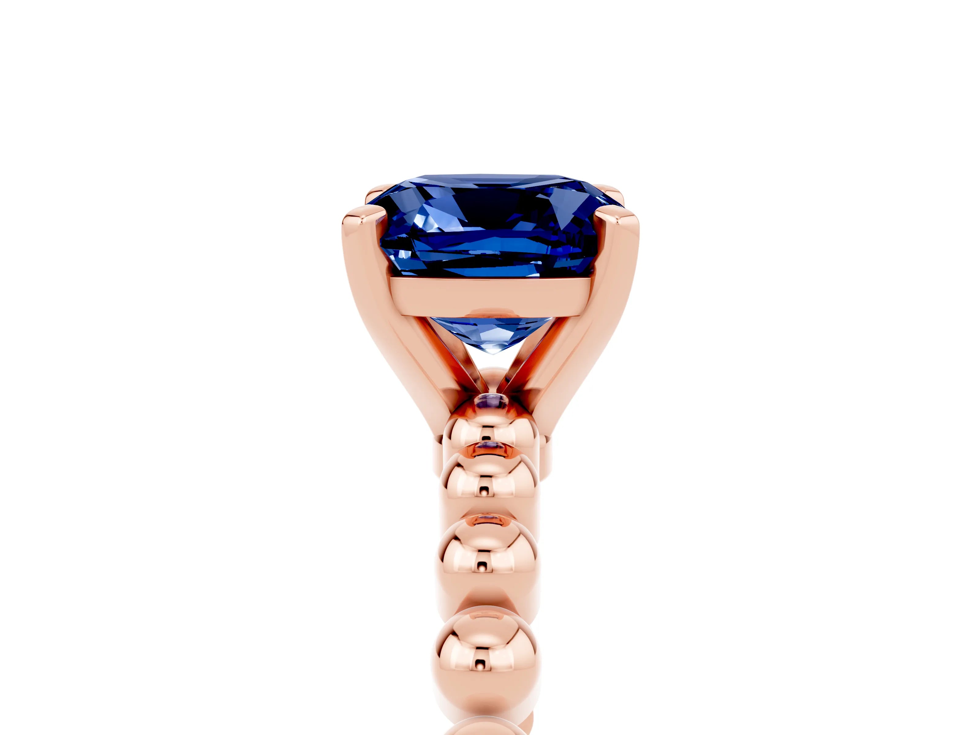 Rose gold Cushion Cut Blue Sapphire Solitaire Ring with Beaded Band and Prong Setting_5