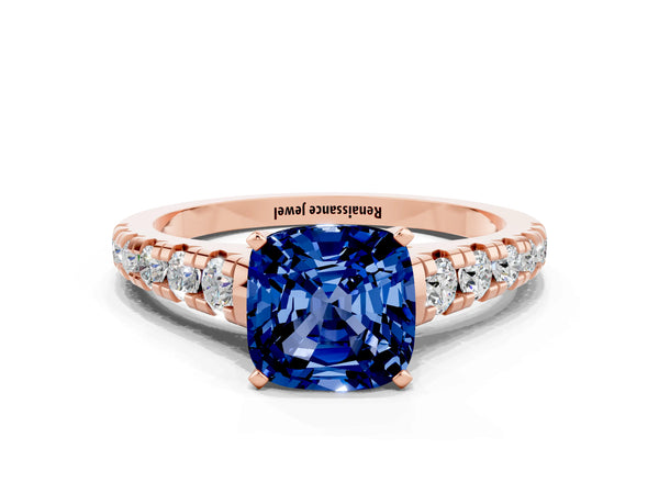 Rose gold Cushion Cut Blue Sapphire Cathedral Solitaire Ring with Round  Pavé Band