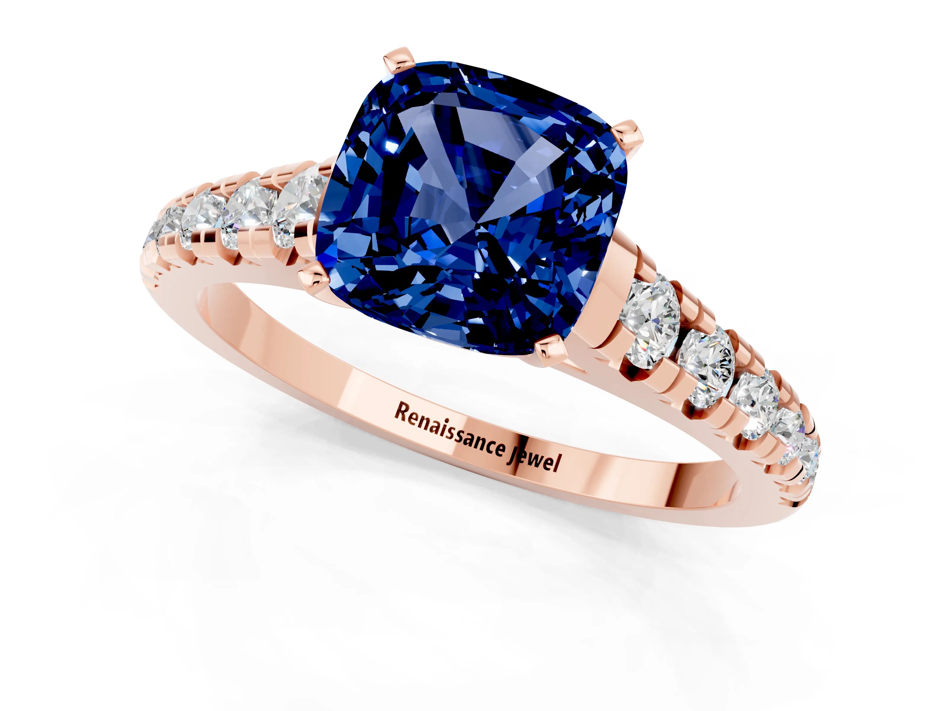 Rose gold Cushion Cut Blue Sapphire Solitaire Ring with Cathedral Setting and Pavé Band_1
