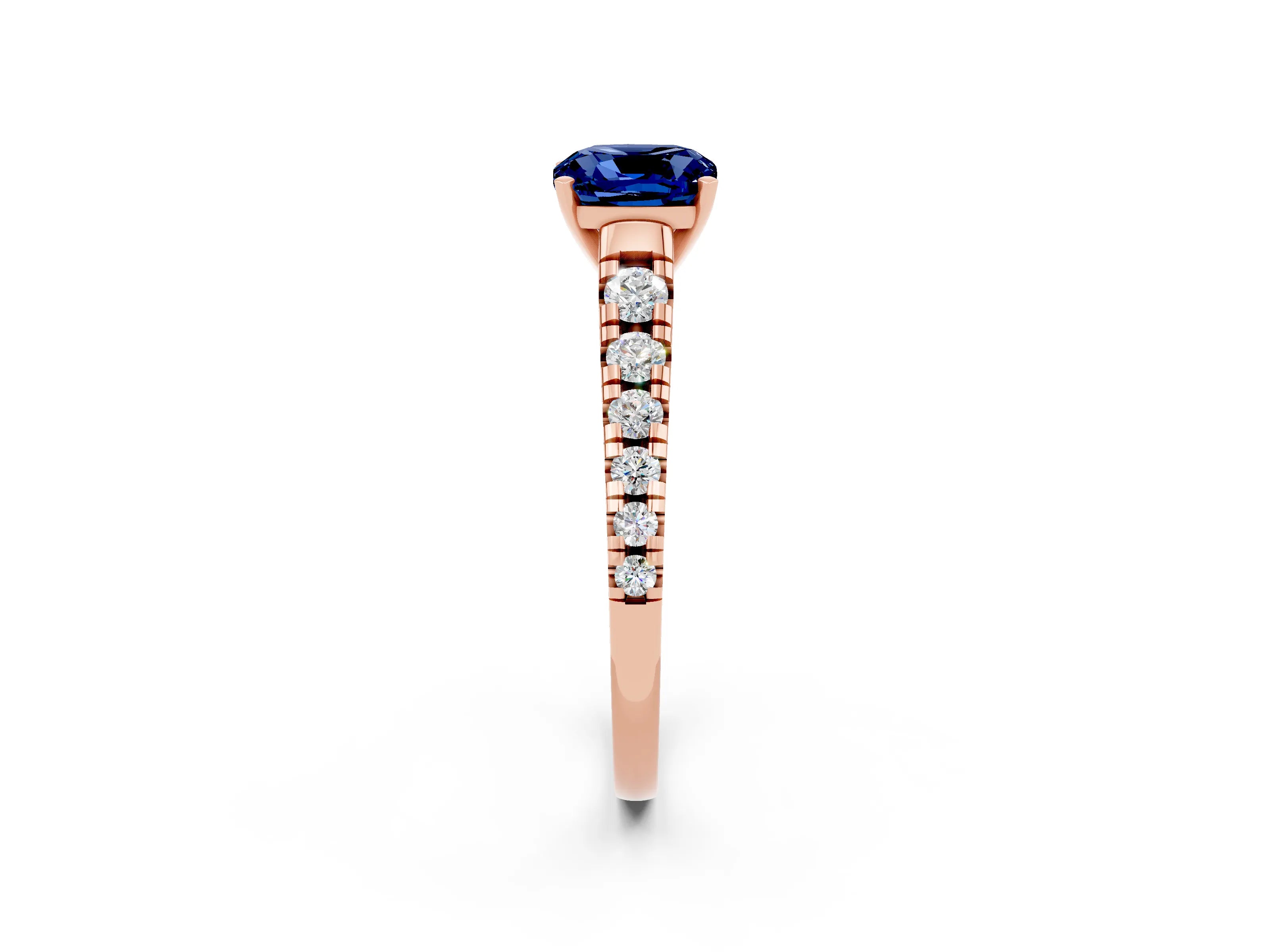 Rose gold Cushion Cut Blue Sapphire Solitaire Ring with Cathedral Setting and Pavé Band_2