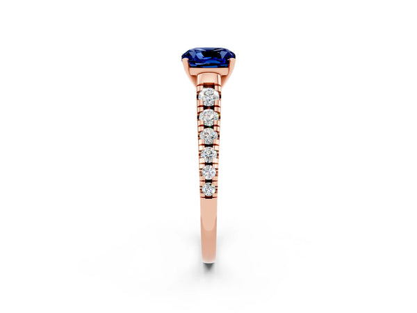 Rose gold Cushion Cut Blue Sapphire Cathedral Solitaire Ring with Round  Pavé Band