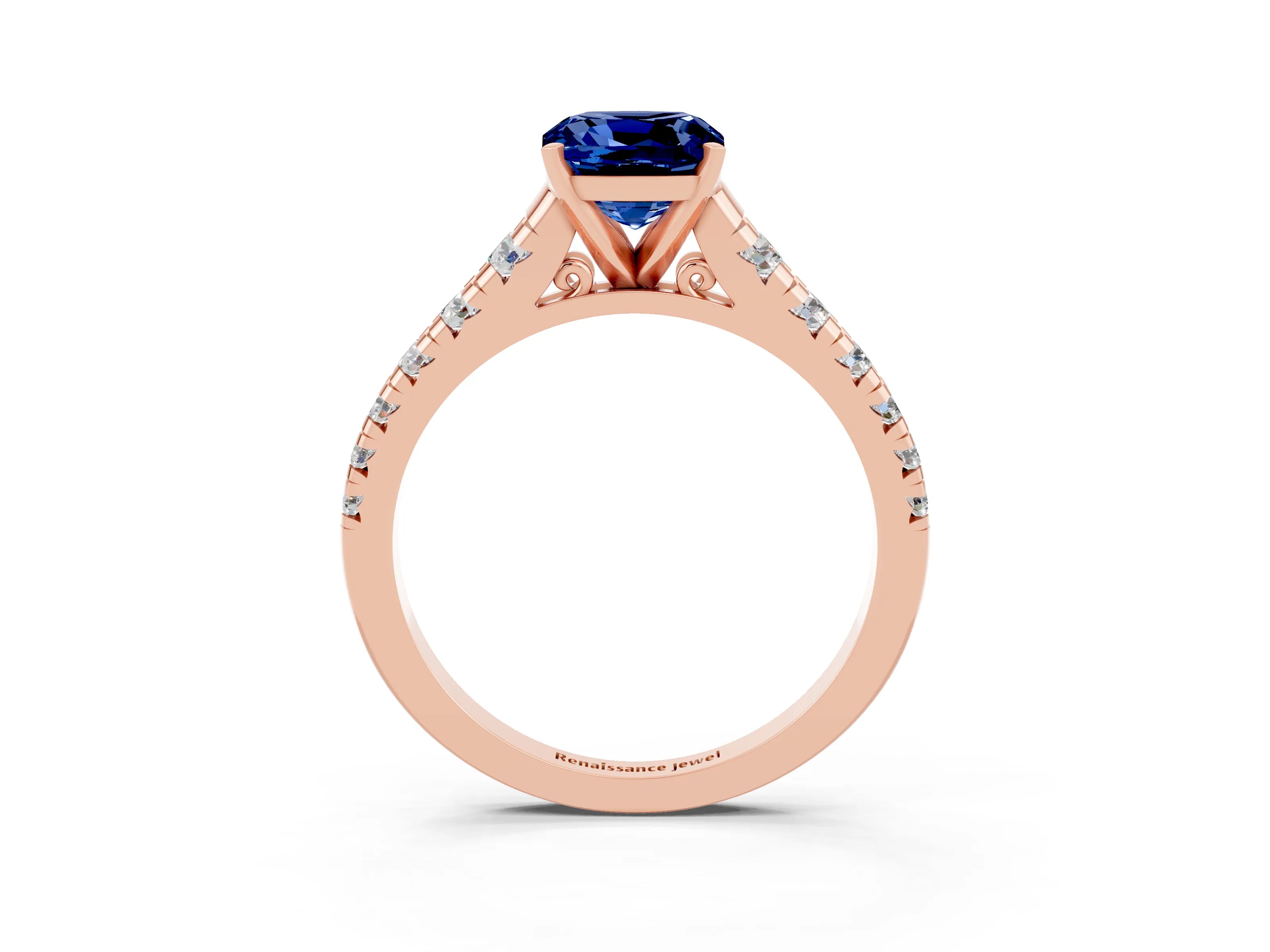 Rose gold Cushion Cut Blue Sapphire Solitaire Ring with Cathedral Setting and Pavé Band_3