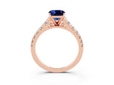 Rose gold Cushion Cut Blue Sapphire Solitaire Ring with Cathedral Setting and Pavé Band_3
