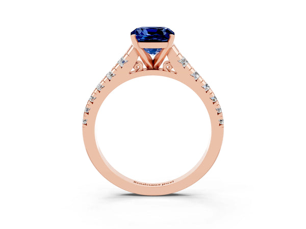 Rose gold Cushion Cut Blue Sapphire Cathedral Solitaire Ring with Round  Pavé Band